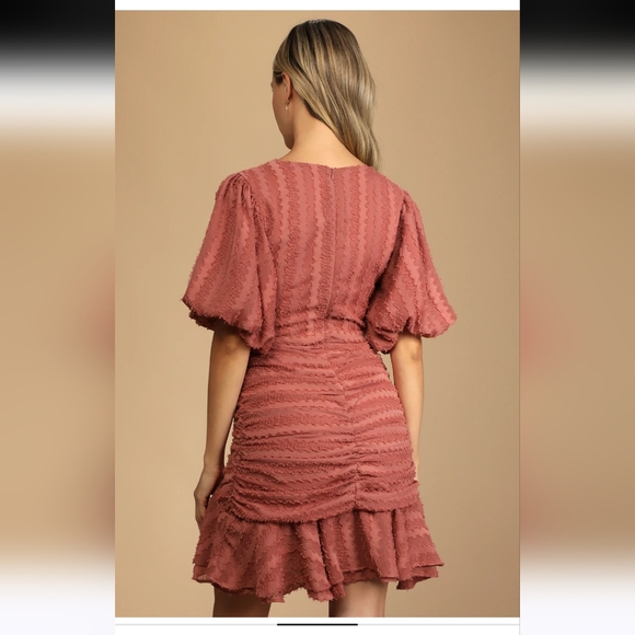 Lulu's Dusty Rose Dress-Ruched-Asymmetrical - Picture 4 of 7